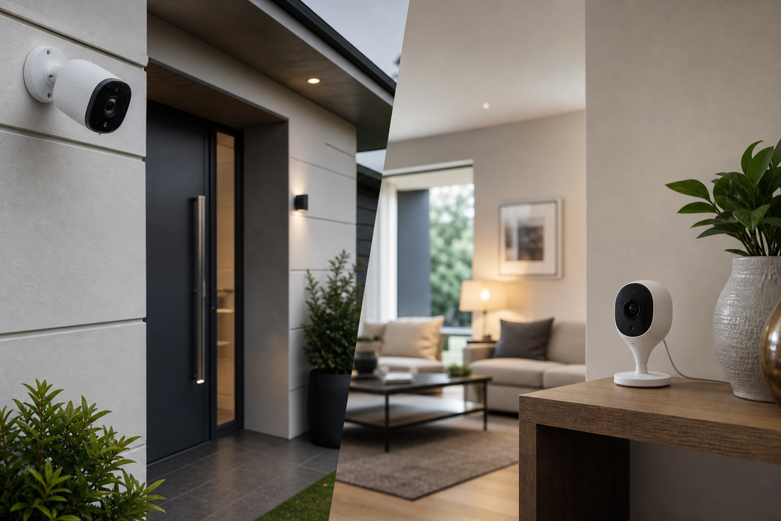 Outdoor security camera mounted above a front door and indoor security camera on a living room shelf