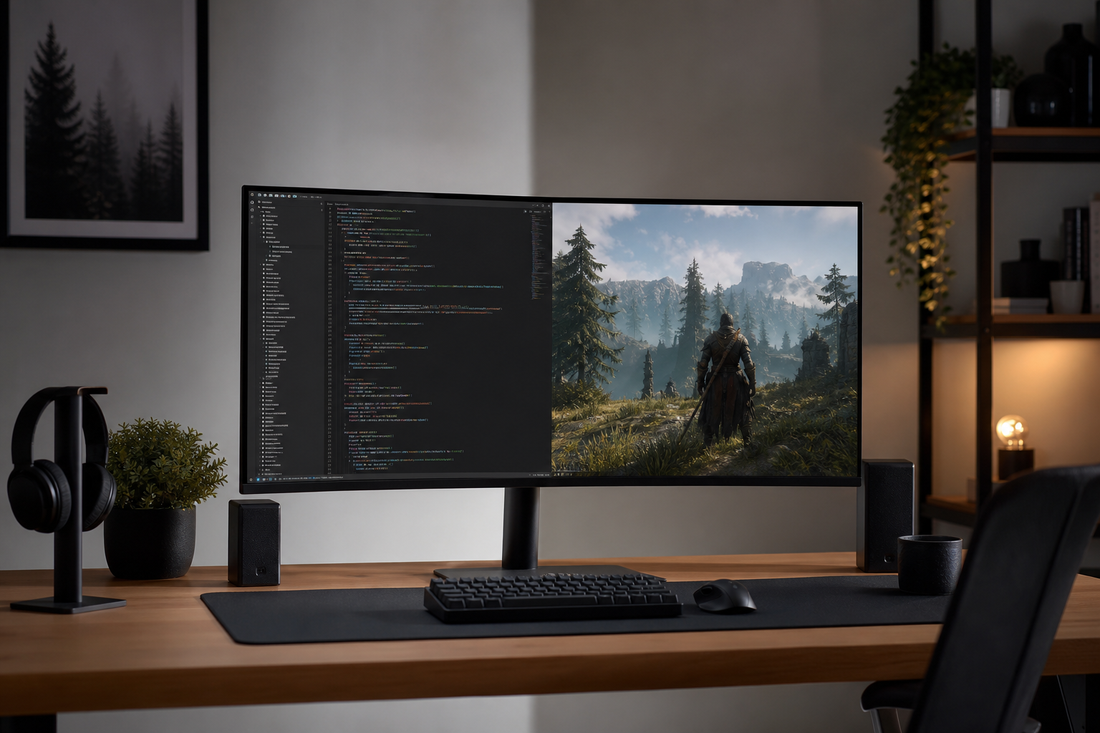 Curved monitor on a desk showing a work window and a game scene side by side