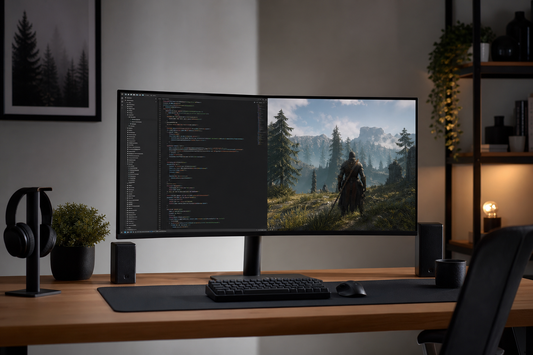 Curved monitor on a desk showing a work window and a game scene side by side