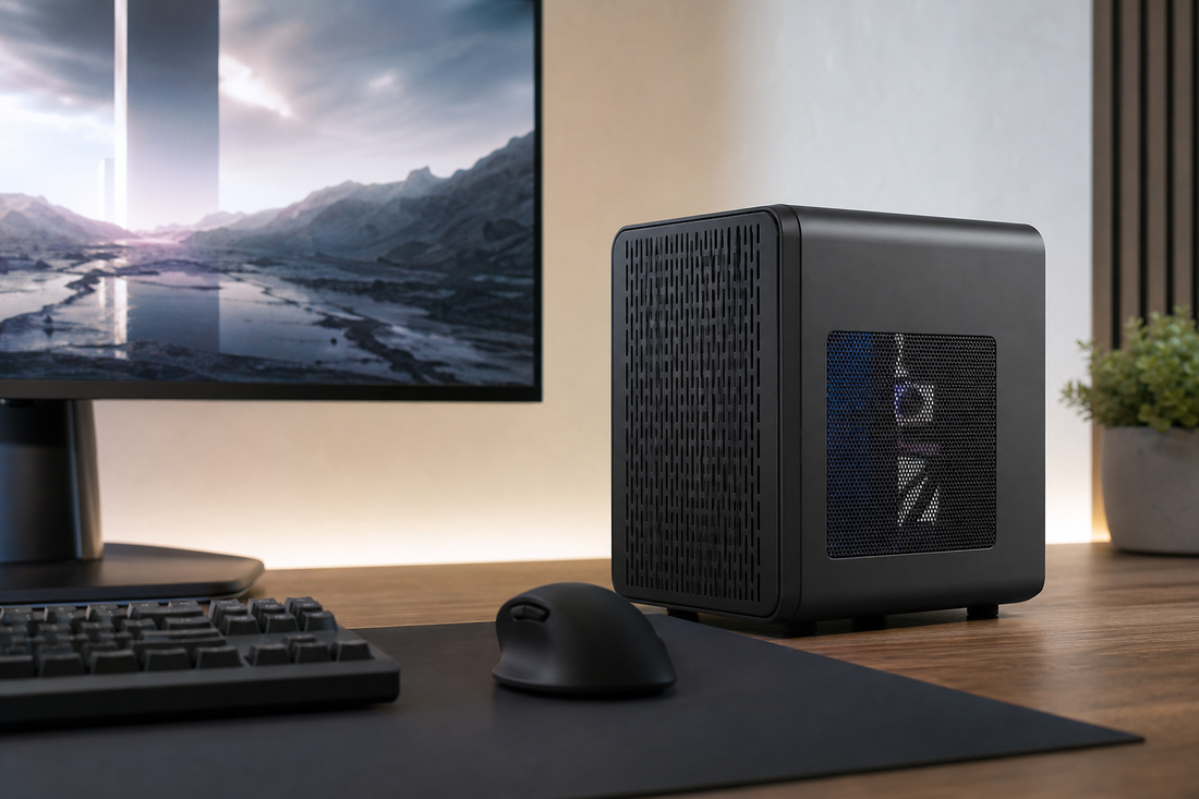 Compact mini gaming PC on a desk next to a monitor, keyboard, and mouse