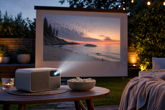 Portable projector on a table projecting a movie onto an outdoor screen at dusk