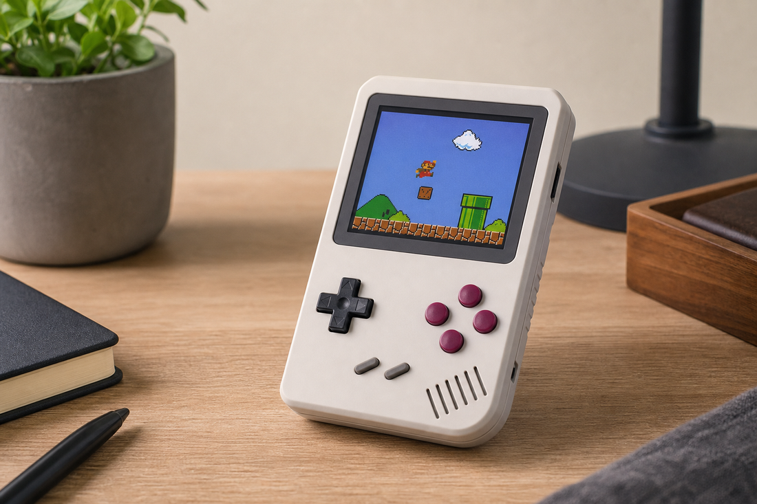 Retro handheld game console on a desk with a classic-style game on the screen