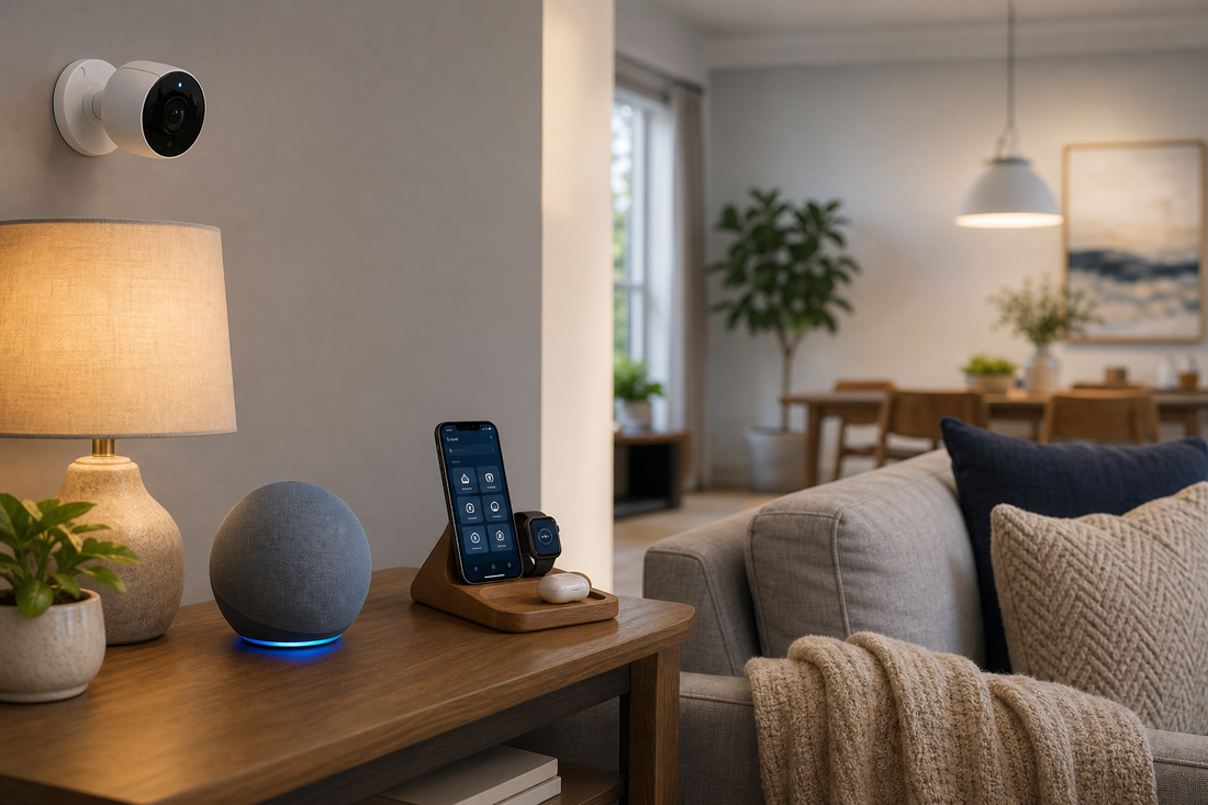Modern living room with smart home devices, including a security camera, smart speaker, smartphone app, and charging station