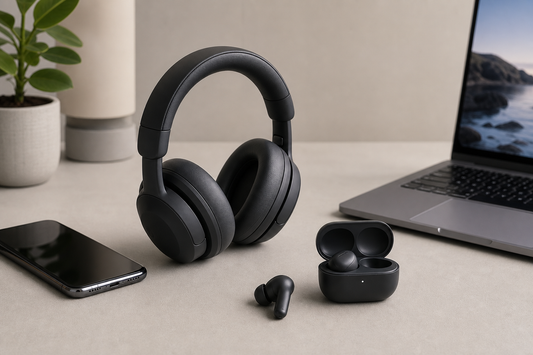 Wireless headphones and true wireless earbuds on a desk next to a smartphone and laptop