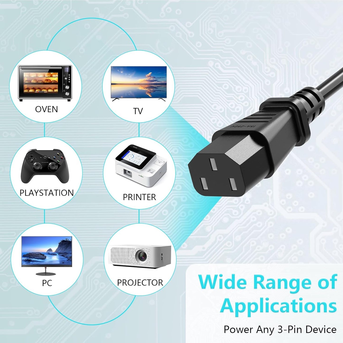 3 Prong AC Power Cord Cable Replacement for Electronics, TV, Computer, Printer, Radio, Monitor, Samsung, Dell, Vizio, LG, Asus, Laptop and More (10FT)